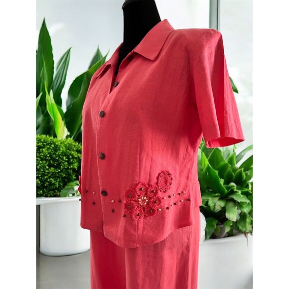 Vintage K-Studio 2 Piece Maxi Dress & Jacket Set Linen Embroidered Coral Pink Lg - Picture 3 of 16